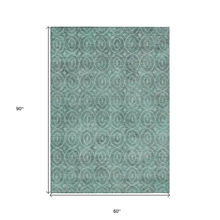 5' X 8' Teal Blue Geometric Washable Indoor Outdoor Area Rug