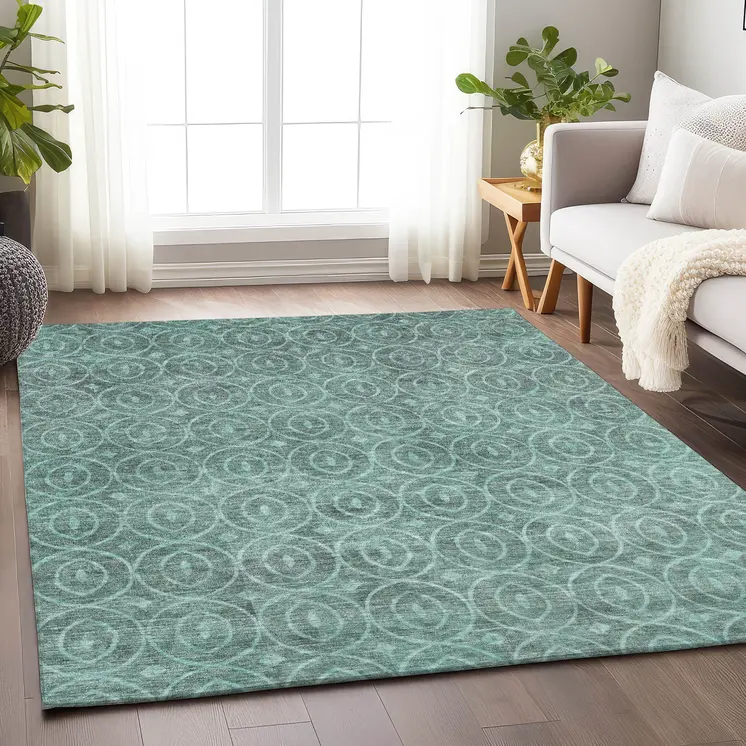 5' X 8' Teal Blue Geometric Washable Indoor Outdoor Area Rug