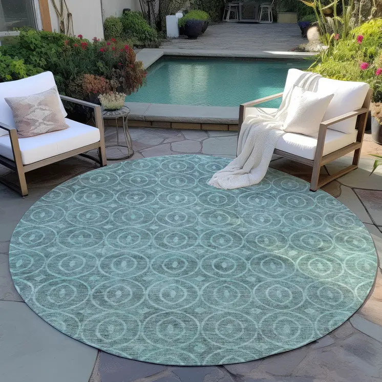 8' Teal Blue Round Geometric Washable Indoor Outdoor Area Rug