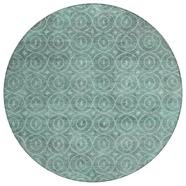 8' Teal Blue Round Geometric Washable Indoor Outdoor Area Rug