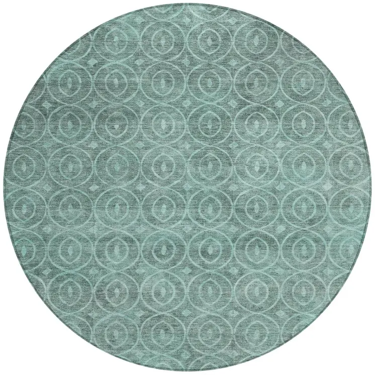 8' Teal Blue Round Geometric Washable Indoor Outdoor Area Rug