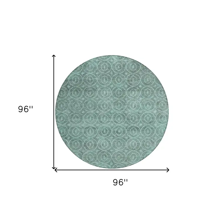 8' Teal Blue Round Geometric Washable Indoor Outdoor Area Rug