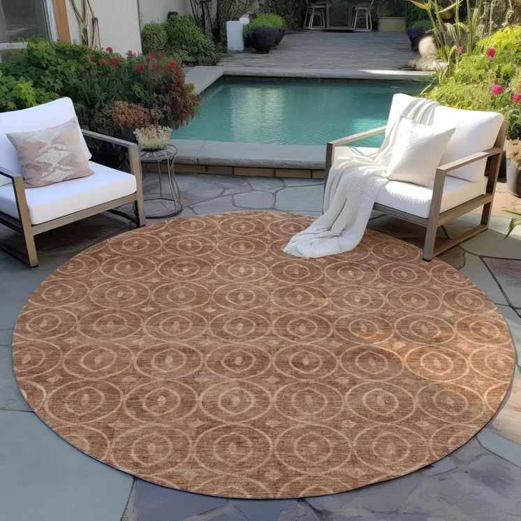8' Terra Cotta Round Geometric Washable Indoor Outdoor Area Rug