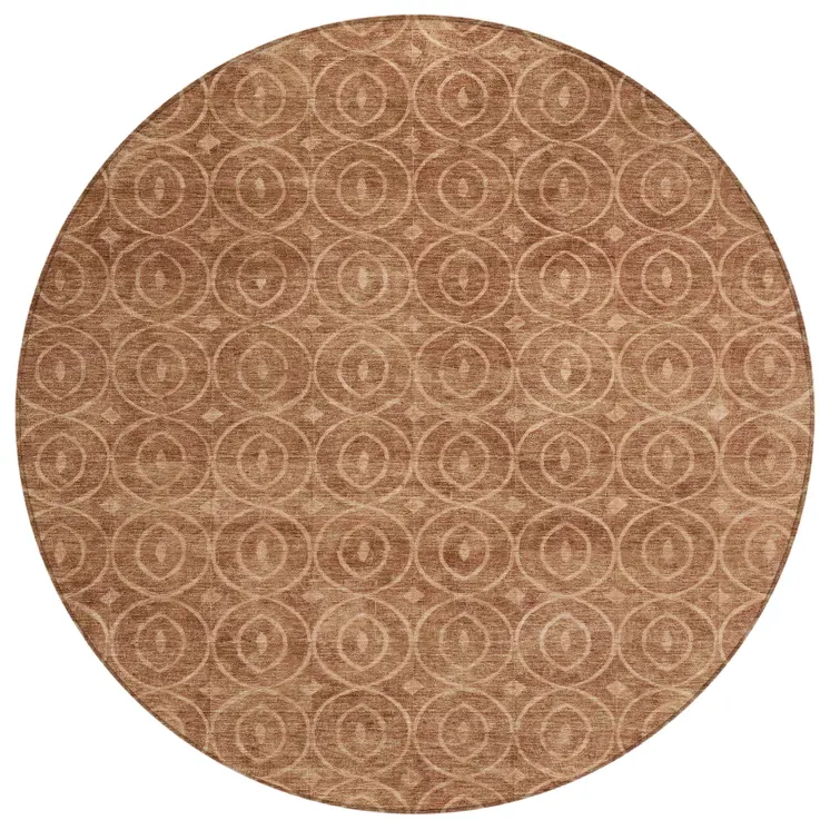 8' Terra Cotta Round Geometric Washable Indoor Outdoor Area Rug