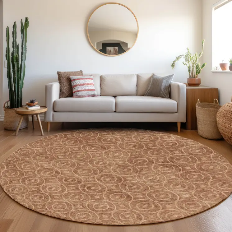 8' Terra Cotta Round Geometric Washable Indoor Outdoor Area Rug