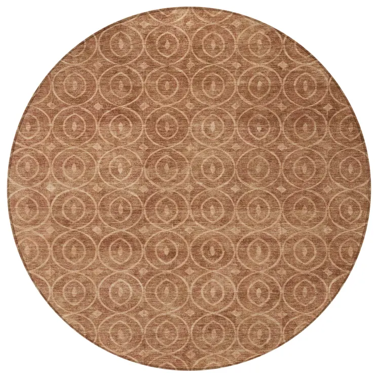8' Terra Cotta Round Geometric Washable Indoor Outdoor Area Rug