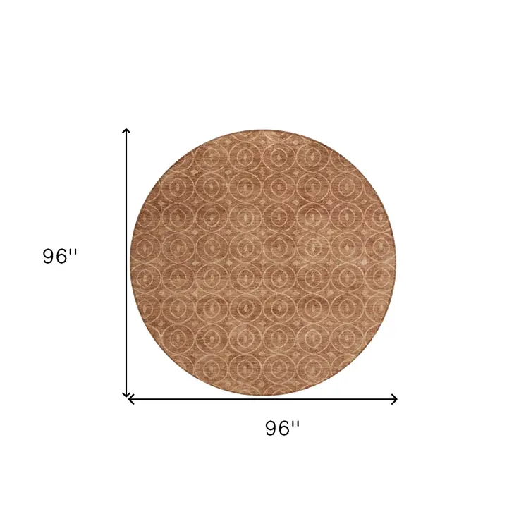 8' Terra Cotta Round Geometric Washable Indoor Outdoor Area Rug