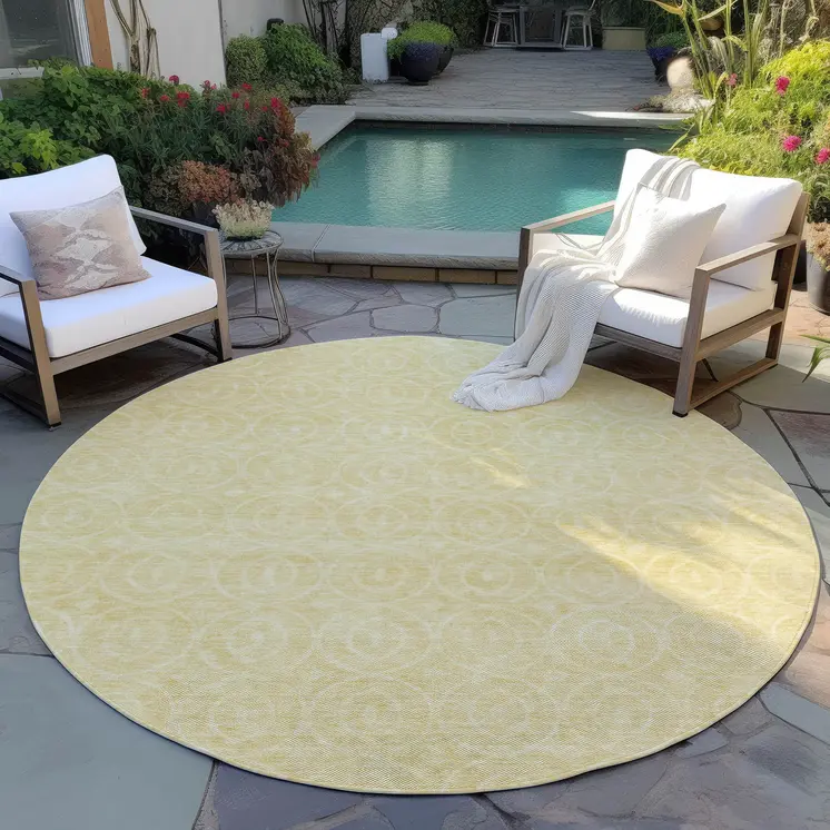 8' Wheat Round Geometric Washable Indoor Outdoor Area Rug