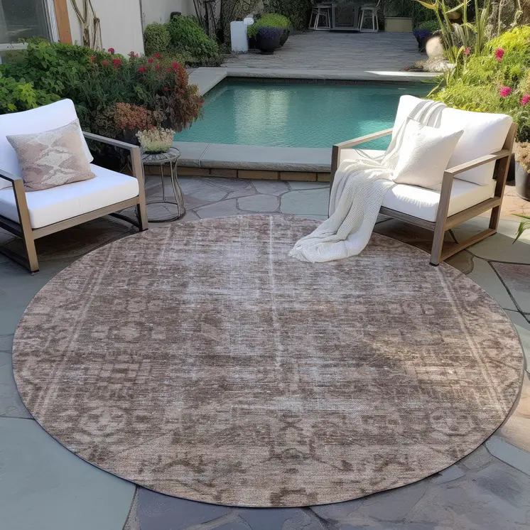 8' Brown Round Oriental Washable Indoor Outdoor Area Rug