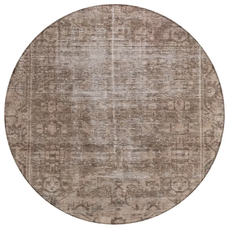 8' Brown Round Oriental Washable Indoor Outdoor Area Rug