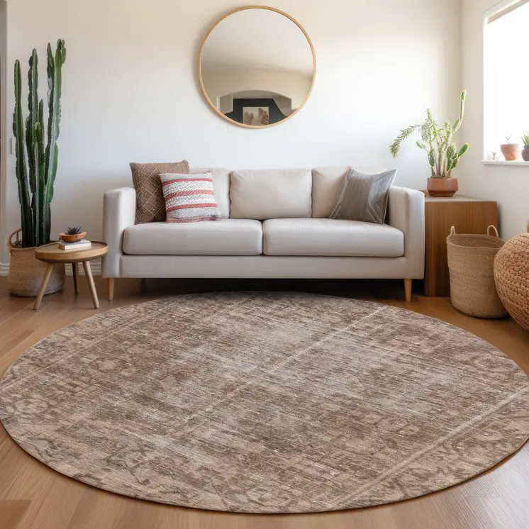 8' Brown Round Oriental Washable Indoor Outdoor Area Rug