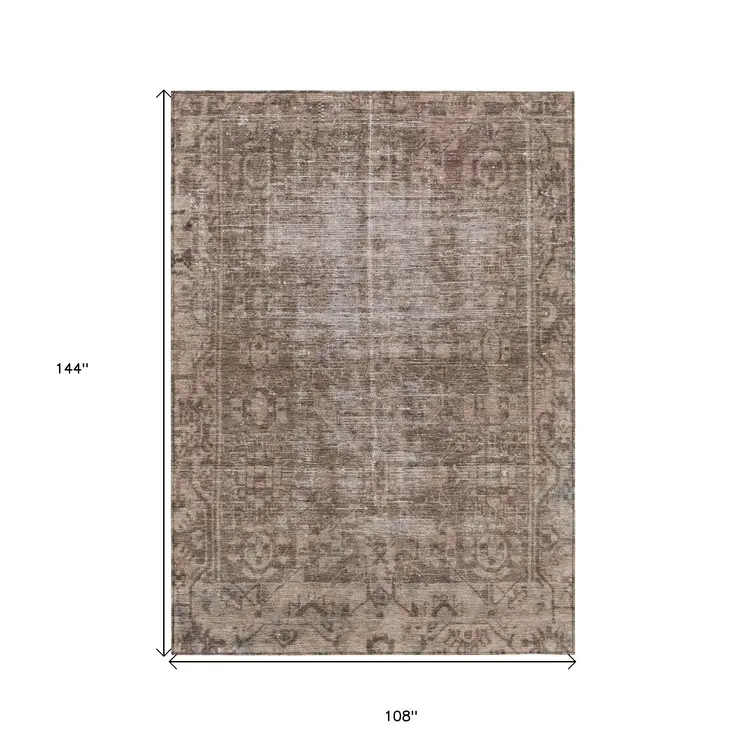9' X 12' Brown Oriental Washable Indoor Outdoor Area Rug