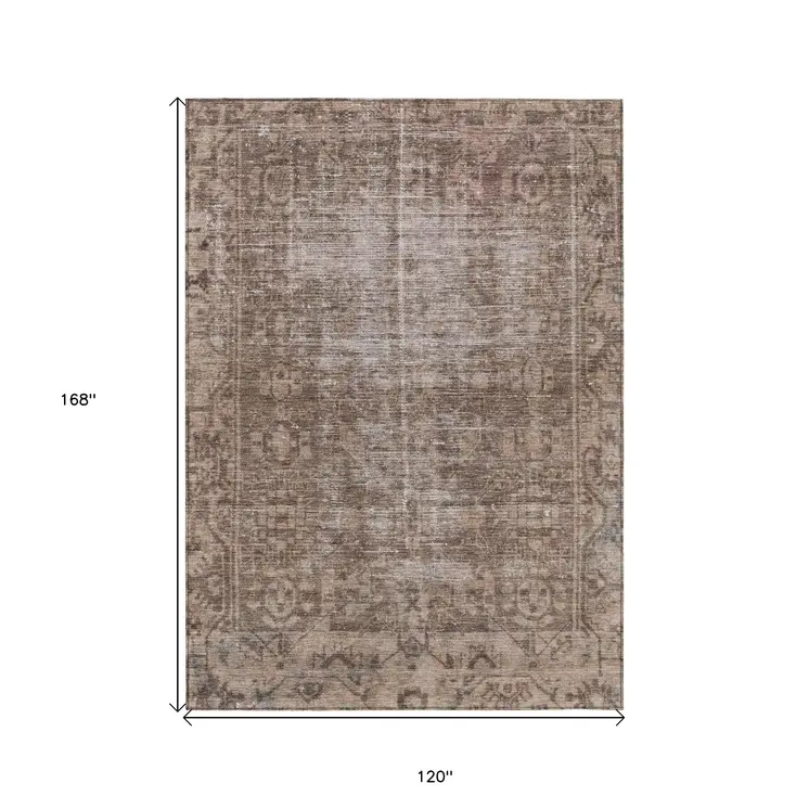 10' X 14' Brown Oriental Washable Indoor Outdoor Area Rug