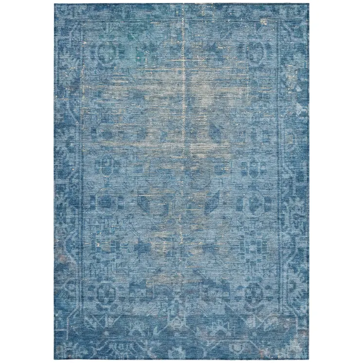 5' X 8' Blue Oriental Washable Indoor Outdoor Area Rug
