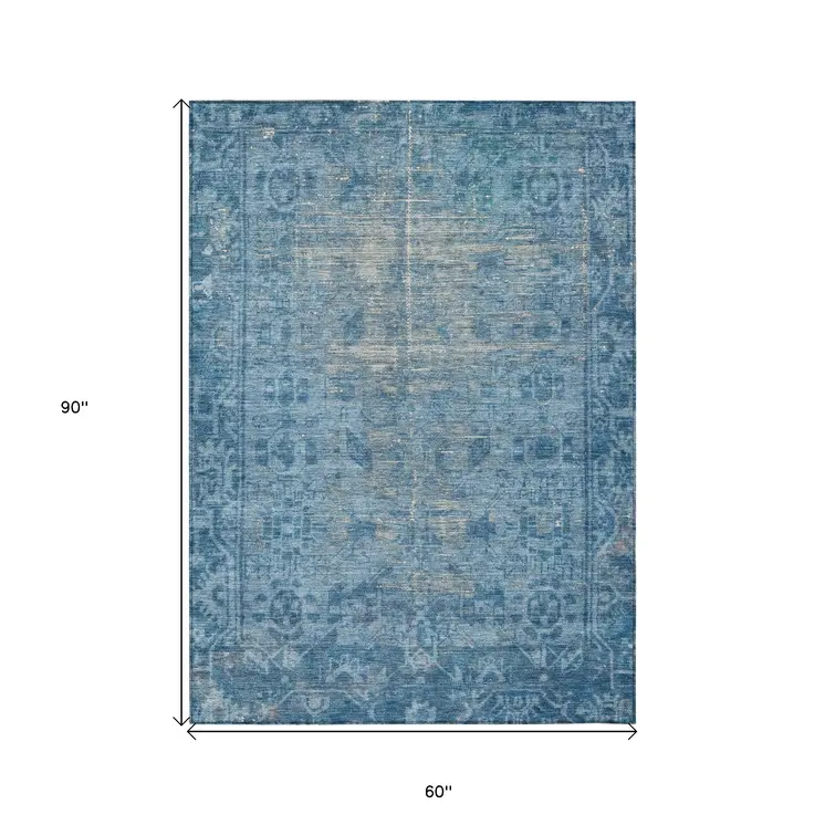 5' X 8' Blue Oriental Washable Indoor Outdoor Area Rug