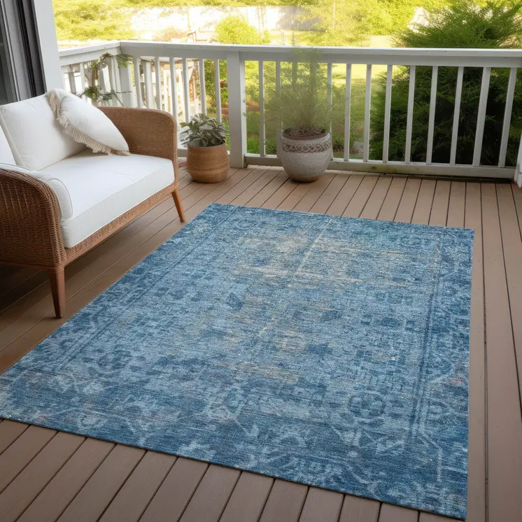 5' X 8' Blue Oriental Washable Indoor Outdoor Area Rug
