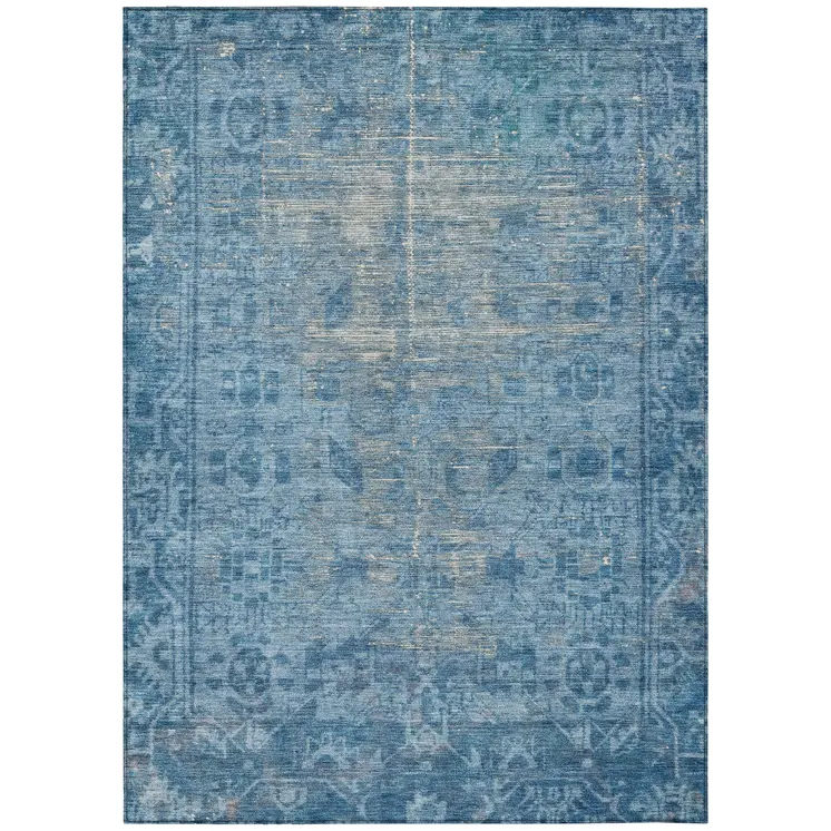 5' X 8' Blue Oriental Washable Indoor Outdoor Area Rug