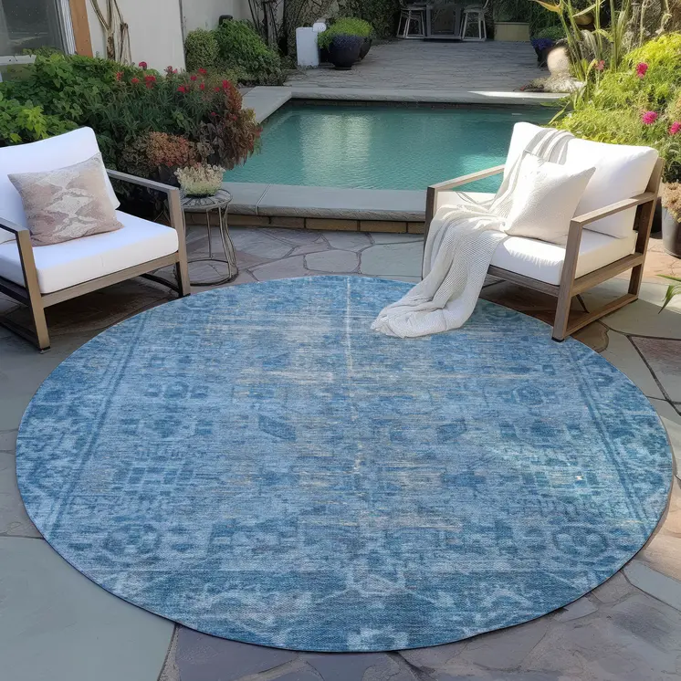 8' Blue Round Oriental Washable Indoor Outdoor Area Rug