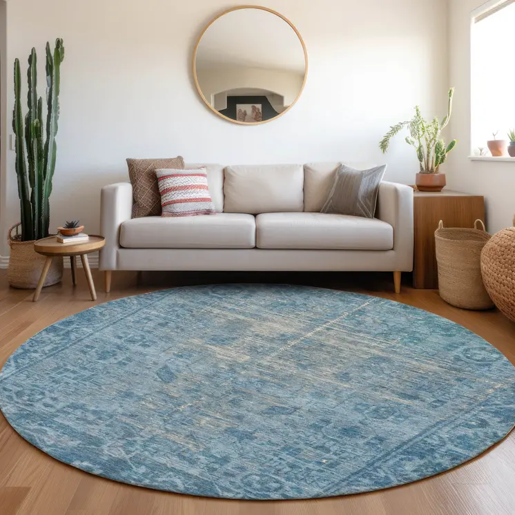 8' Blue Round Oriental Washable Indoor Outdoor Area Rug