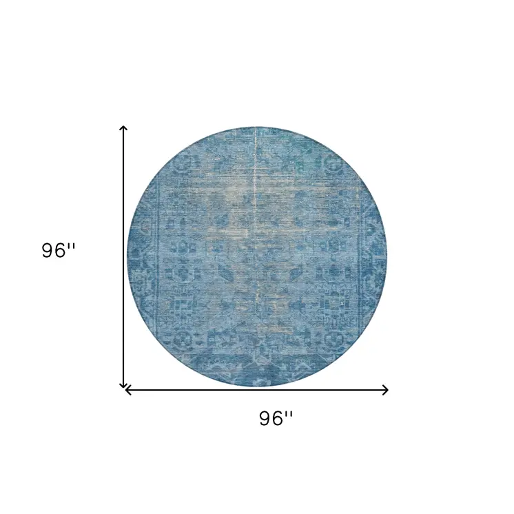 8' Blue Round Oriental Washable Indoor Outdoor Area Rug