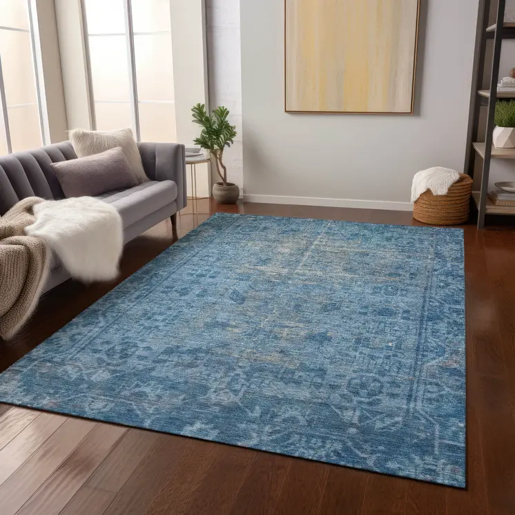 9' X 12' Blue Oriental Washable Indoor Outdoor Area Rug