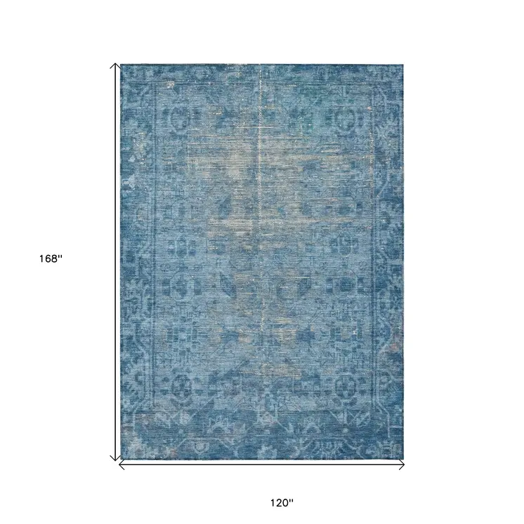 10' X 14' Blue Oriental Washable Indoor Outdoor Area Rug