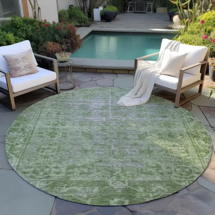 8' Fern Green Round Oriental Washable Indoor Outdoor Area Rug