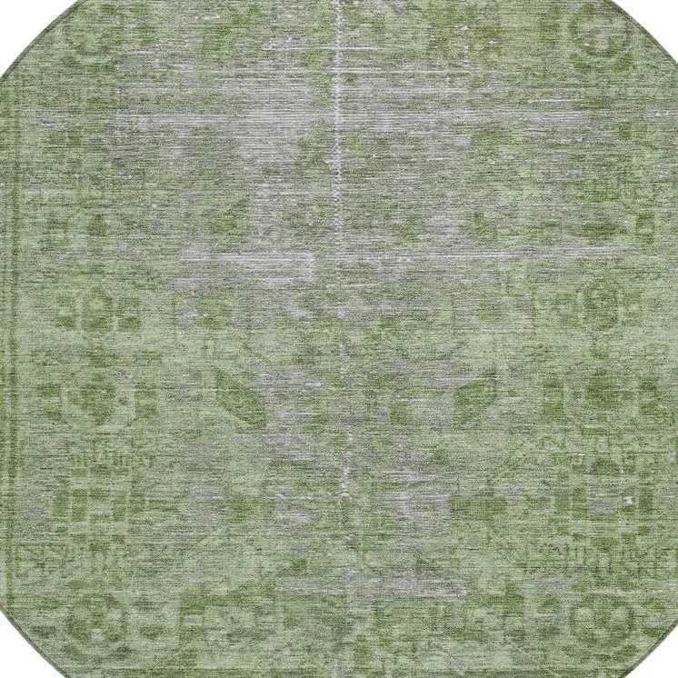 8' Fern Green Round Oriental Washable Indoor Outdoor Area Rug