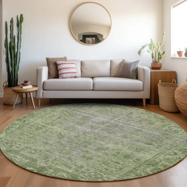 8' Fern Green Round Oriental Washable Indoor Outdoor Area Rug