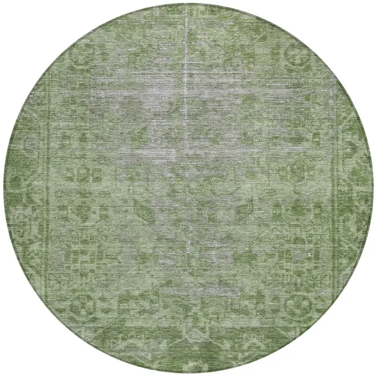 8' Fern Green Round Oriental Washable Indoor Outdoor Area Rug