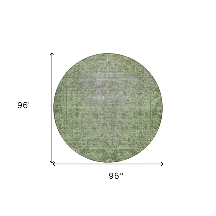 8' Fern Green Round Oriental Washable Indoor Outdoor Area Rug