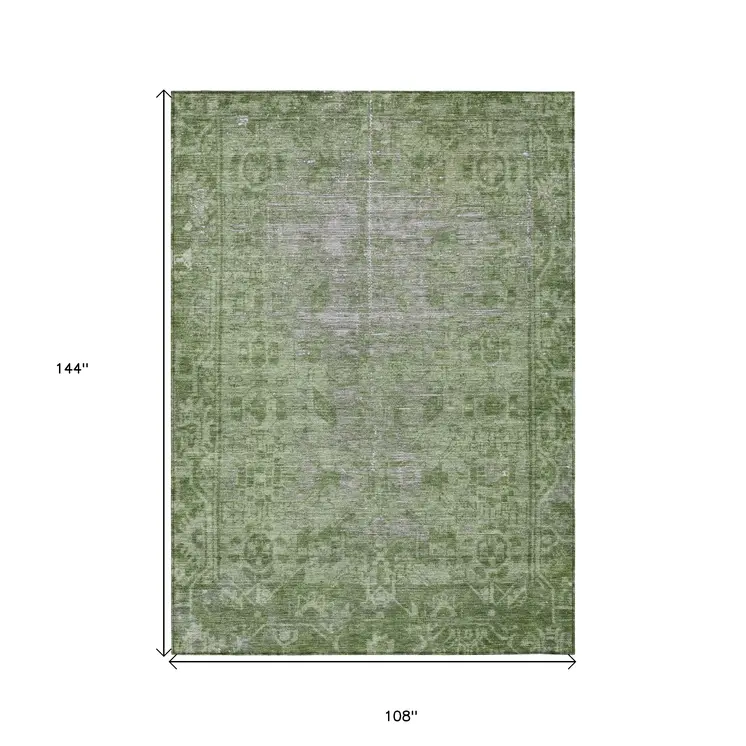 9' X 12' Fern Green Oriental Washable Indoor Outdoor Area Rug