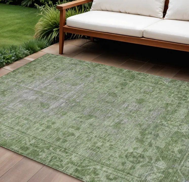 10' X 14' Fern Green Oriental Washable Indoor Outdoor Area Rug