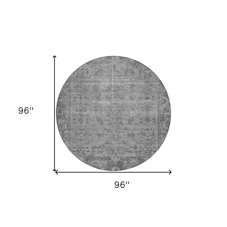 8' Gray Round Oriental Washable Indoor Outdoor Area Rug