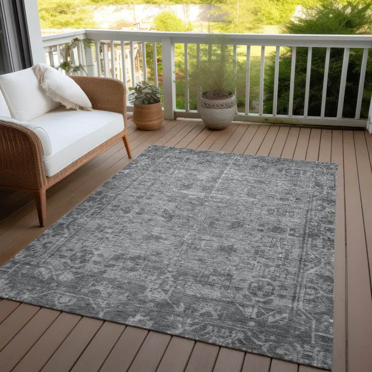 10' X 14' Gray Oriental Washable Indoor Outdoor Area Rug