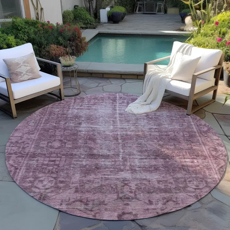 8' Merlot Round Oriental Washable Indoor Outdoor Area Rug