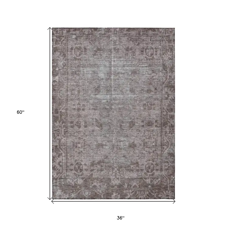 3' X 5' Brown Oriental Washable Indoor Outdoor Area Rug