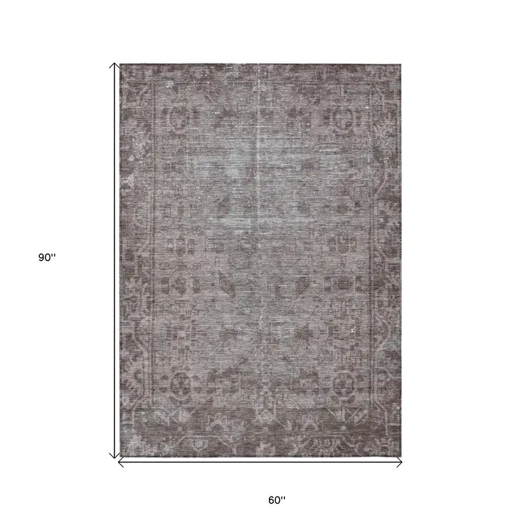 5' X 8' Brown Oriental Washable Indoor Outdoor Area Rug
