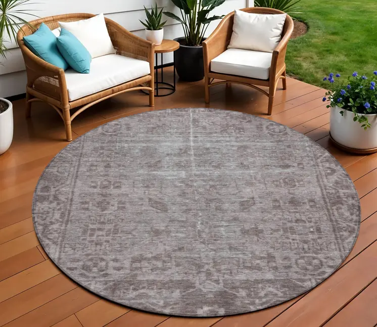 8' Brown Round Oriental Washable Indoor Outdoor Area Rug