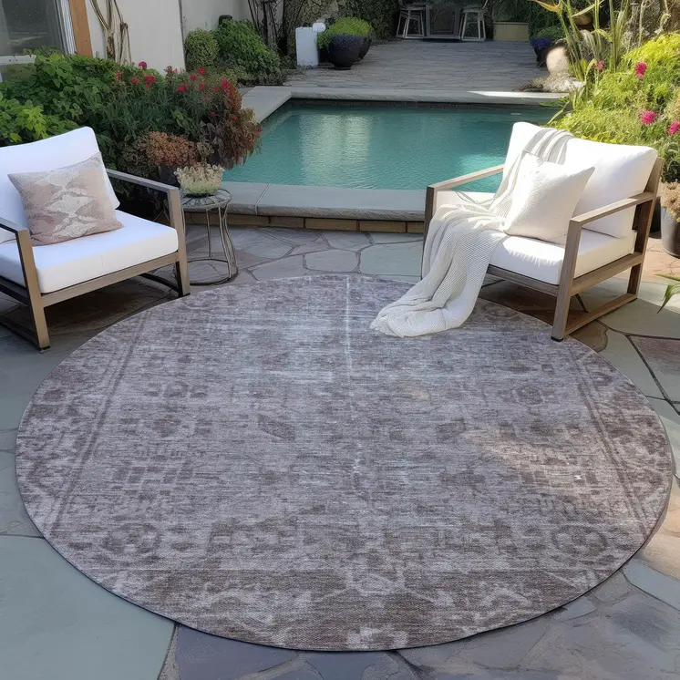 8' Brown Round Oriental Washable Indoor Outdoor Area Rug