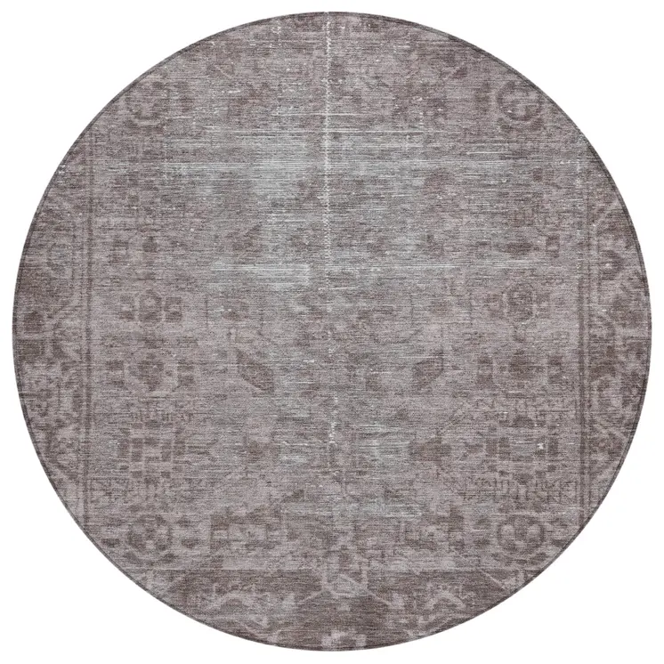 8' Brown Round Oriental Washable Indoor Outdoor Area Rug
