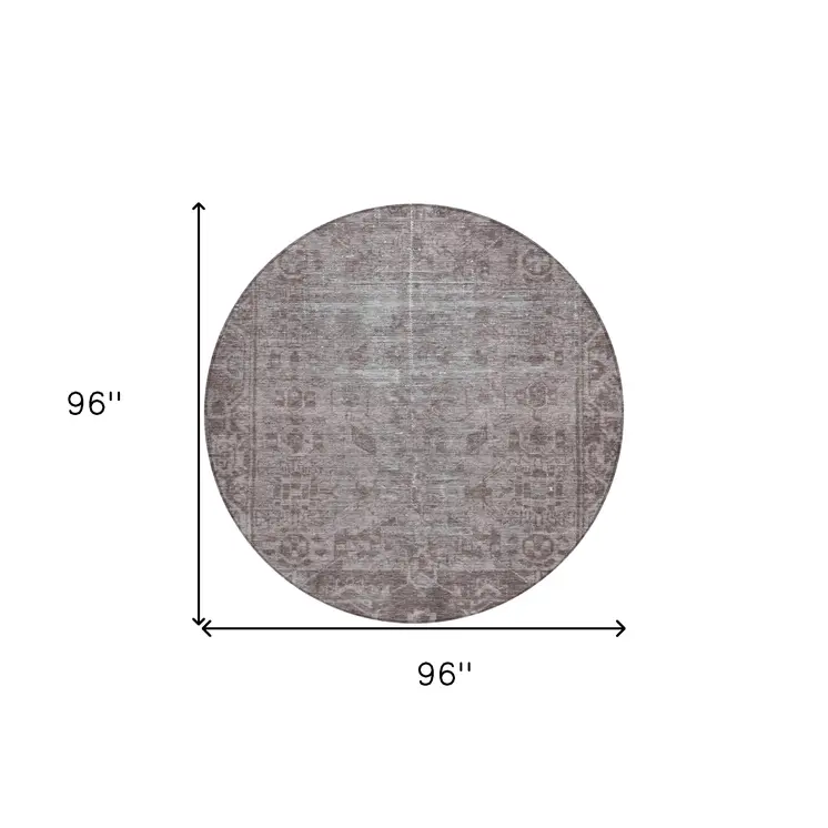 8' Brown Round Oriental Washable Indoor Outdoor Area Rug