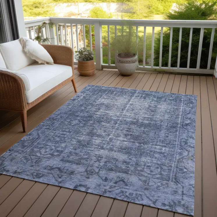 3' X 5' Navy Blue Oriental Washable Indoor Outdoor Area Rug