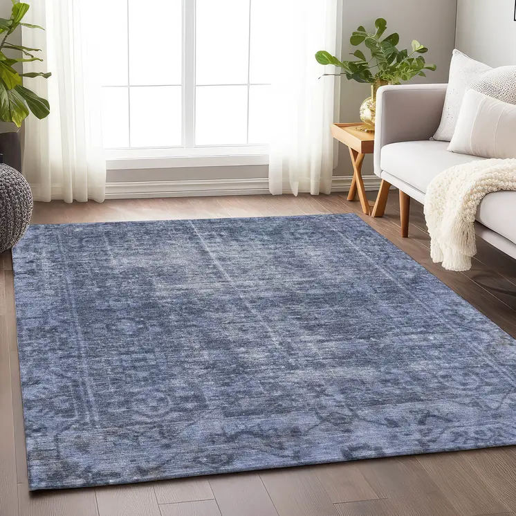 3' X 5' Navy Blue Oriental Washable Indoor Outdoor Area Rug
