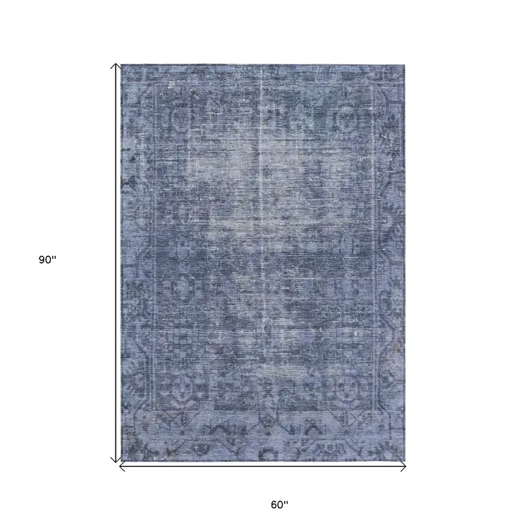 5' X 8' Navy Blue Oriental Washable Indoor Outdoor Area Rug