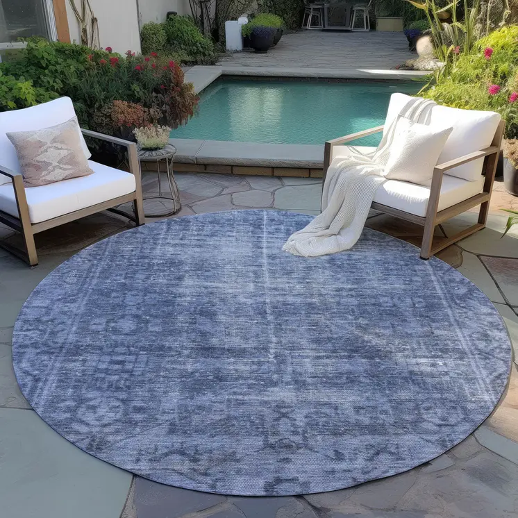 8' Navy Blue Round Oriental Washable Indoor Outdoor Area Rug