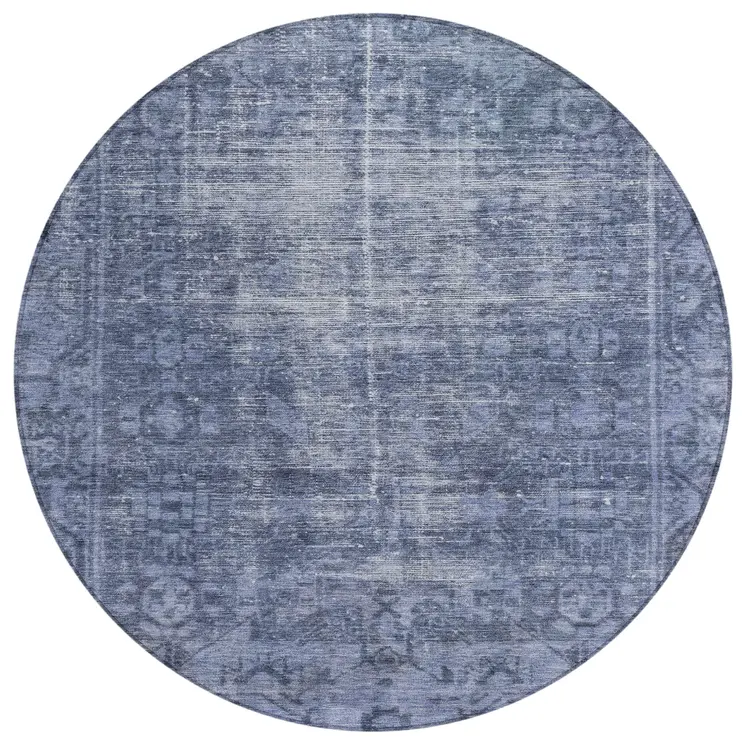 8' Navy Blue Round Oriental Washable Indoor Outdoor Area Rug
