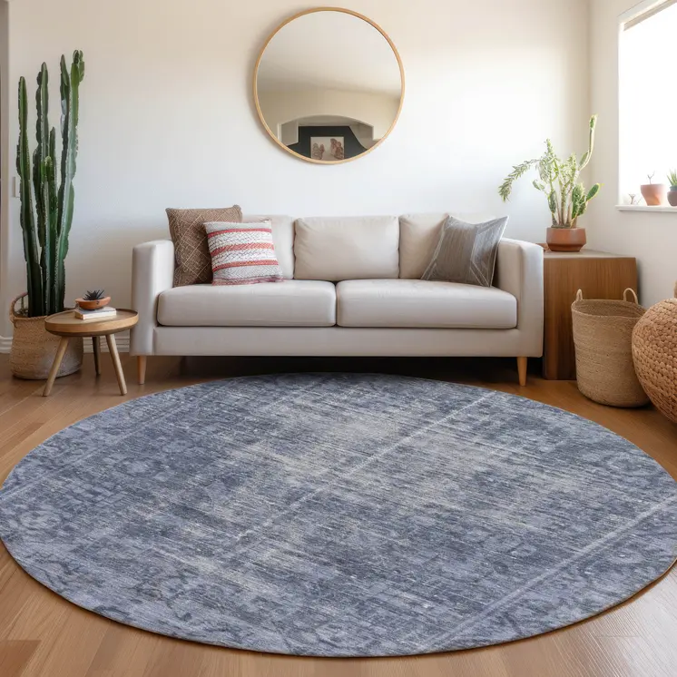8' Navy Blue Round Oriental Washable Indoor Outdoor Area Rug