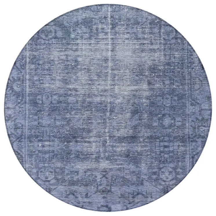 8' Navy Blue Round Oriental Washable Indoor Outdoor Area Rug