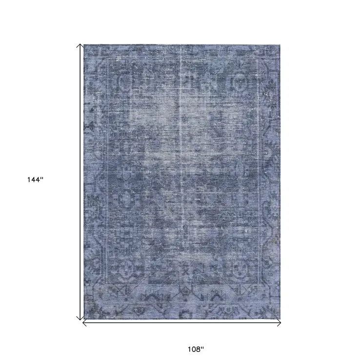 9' X 12' Navy Blue Oriental Washable Indoor Outdoor Area Rug